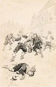 Athos, Porthos, Aramis et d'Artagnan affrontent les Gardes du Cardinal au couvent des Carmes déchaux.