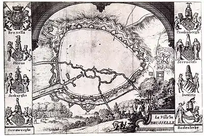 Les blasons des Sept Lignages de Bruxelles - Carte gravée par Jacques Harrewyn, 1697