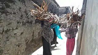 Jeunes filles transportant du bois