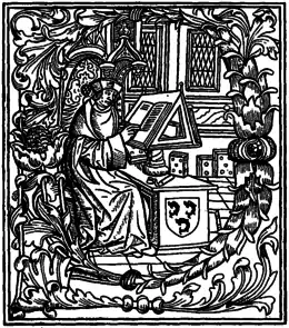 Gravure ancienne représentant un homme assis devant un livre posé sur un chevalet.