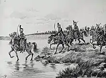 Des cavaliers habillés à l'orientale franchissant un cours d'eau.