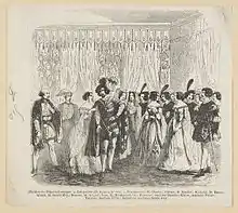 Estampe en noir et blanc évoquant une scène d'un opéra-comique : des chevaliers et leurs dames