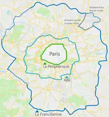 carte des trois principales ceintures de Paris : le Périphérique, A86 et la Francilienne