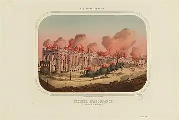 Dessin d'un grand bâtiment rectangulaire en feu.