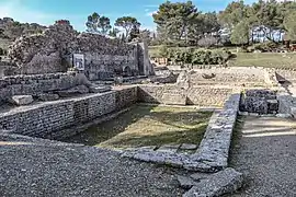 La natatio, alimentée par la fontaine au masque de théâtre.