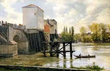 Les moulins du pont de Poissy vu de Carrières-sous-Poissy, collection particulière.