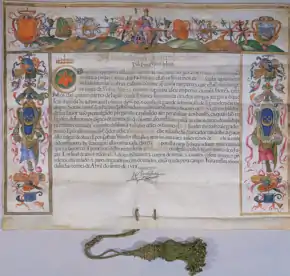 Document manuscrit avec une large bordure ornementale sur le côté gauche / droite et de haut. Un sceau est fixé au fond du document par l'intermédiaire d'un cordon.