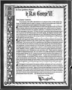 Photographie noir et blanc d'une lettre adressée au roi d'Angleterre signée par le premier ministre du Québec.