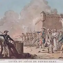En 1748 Dupleix repousse un premier siège anglais sur Pondichéry après s'être emparé de Madras, la rivale anglaise.