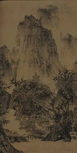 Un temple solitaire parmi les pics clairs. Li Cheng vers 960. Encre sur soie. 111 × 56 cm. Musée d'art Nelson-Atkins, Kansas City.