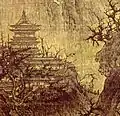 Détail d'un temple sur une montagne, peinture de paysage de Li Cheng (919-967).