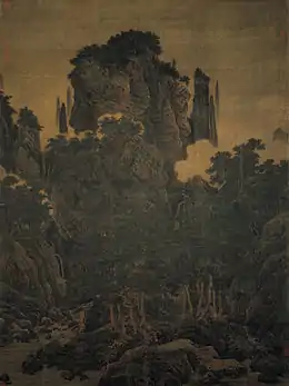 Sans fin, les ravins, les pins, le vent. Li Tang. Rouleau vertical, encre et couleurs sur soie. H. 188,7 × L. 139,8 cm, daté 1124. Musée national du palais, Taipei