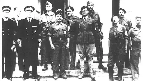 Léonce Dussarrat, capitaine Mellows, colonel de Milleret, Capitaine Estève, Jean Gervais (dit Jean des Landes) et Commandant Claverie. Le 21 août 1944.