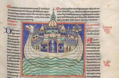 Double page d'un manuscrit médiéval, contenant au centre en enluminure le dessin d'un navire.