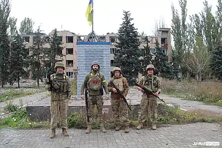 Soldats ukrainiens après la libération de Vyssokopillia en septembre 2022.