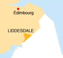 Schéma très simplifié de la frontière de l'Écosse et de l'Angleterre. Seule ville indiquée : Édimbourg. Le Liddesdale est un petit triangle à la frontière.