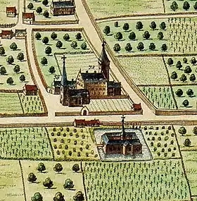 L'ancien couvent des Guillemins de Liège, entouré de son fossé et de ses jardins en 1649.