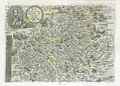 Lieux où vécut Kepler pendant sa jeunesse.Weil der Stadt [1571-1576], Leonberg [1576-1579] [1581-1583] (au centre), Adelberg [1584-1586] (à l'est), Maulbronn [1586-1589] (au nord), Ellmendingen [1579-1581] (au nord ouest, disque jaune sur le bord du cartouche), Tübingen [1589-1594] (au sud).