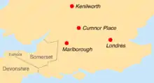 lCroquis sommaire indiquant Kenilworth, puis Cumnor Place plus au sud, puis Londres au sud-est, puis Marlborough plus à l'ouest et enfin, au sud-ouest, le Somerset et le Devonshire, ainsi que l'Exmoor à cheval entre les deux.