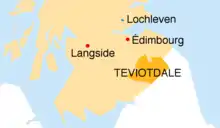 Carte schématisée du sud de l'Écosse n'indiquant que le Teviotdale au sud-est, Édimbourg un peu plus au nord, Lochleven encore un peu plus au nord, et Langside à l'ouest.