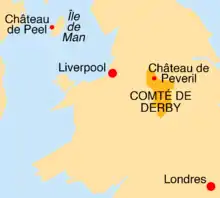 Croquis très simplifié avec l'île de Man et le château de Peel, Liverpool, le comté de Derby et le château de Peveril, et Londres.