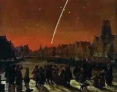 Peinture en couleurs représentant des femmes et des hommes rassemblés sur un quai et observant une comète qui traverse le ciel