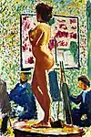 Peinture montrant une femme nue, debout de profil sur un guéridon ; derrière, silhouettes de peintres à leurs chevalets