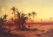 Tableau. Personnages et animaux blottis sous deux gros palmiers. Fins datiers dispersés. Sol rouge-orangé, ciel jaune