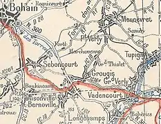 Carte de la ligne Bohain-Guise (tracé en rouge ; la gare d'Aisonville est symbolisée par un rectangle rouge).