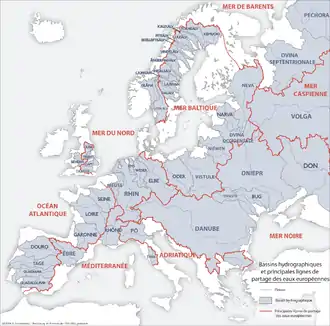 Carte des bassins hydrographiques d’Europe.