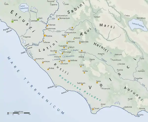 Carte en latin représentant le Latium sur lequel sont placés les villes et les peuples pré-romains.