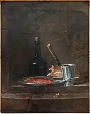 Dans une niche pratiquée dans le mur, des miettes de pain, une bouteille de vin, une miche de pain dans laquelle est planté un couteau, une assiette dans laquelle est posée une cuillère et un gobelet d'argent.