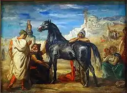 Peinture d'un cheval noir vu de profil tenu par un marchand.