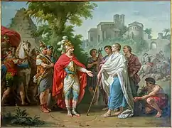 Popilius envoyé en ambassade auprès d'Antiochus Epiphane pour arrêter le cours de ses ravages en Égypte, 1779, Louis Lagrenée l'aîné.