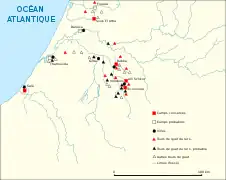 Localisation de Volubilis dans le limes africanus au sud de la province romaine de Maurétanie tingitane.