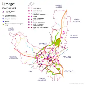 Carte de Limoges, avec les écoles, les collèges, les lycées et les sites de l'enseignement supérieur.