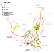 carte de Limoges avec indication de la localisation des ses principales infrastructures de santé
