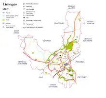 carte de Limoges avec indication de la localisation des ses principales infrastructures sportives