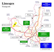 plan des dessertes routières de Limoges