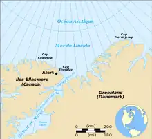 L'île d'Ellesmere et le Groenland, séparés par des détroits.