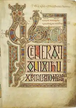 Les lettrines dessinent le texte « Liber generationis… » Évangiles de Lindisfarne. Vers 700.