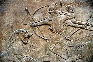 Scène de chasse royale, bas-relief du Palais Nord-Ouest de Nimroud. British Museum.