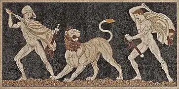 Mosaïque en galets de rivière représentant une chasse au lion à laquelle aurait participé Alexandre. Pella, Grèce, IVe siècle av. J.-C.