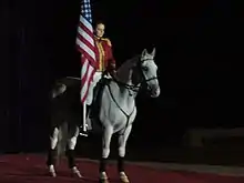 Cheval blanc a l'arrêt monté par une cavalière tenant un drapeau américain.