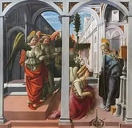 Peinture. Accompagné de deux anges, Gabriel s'incline devant Marie, avec un jardin en arrière-plan.