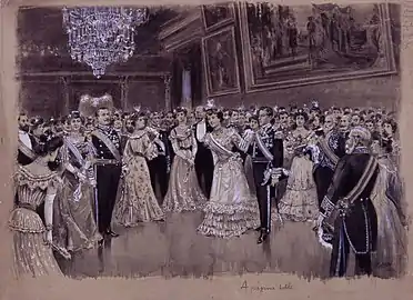 Lisbonne, danse dans le palais d'Ajuda, décembre 1903, graphite et gouache sur papier. Académie royale des beaux-arts Saint-Ferdinand, Madrid.