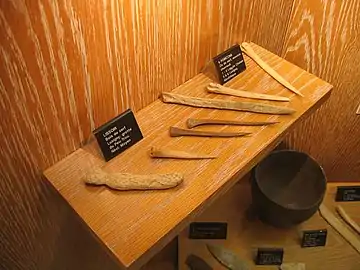Lissoirs en bois de cerf et poinçons, trouvés à Lusigny, Néolithique moyen. Musée archéologique de Dijon