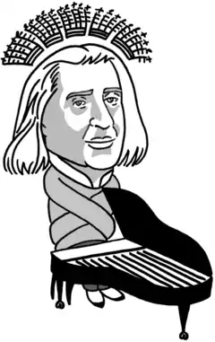 Caricature. Liszt au piano, auréolé de triples croches, les bras dans une camisole de force.