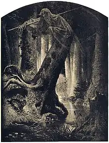 Illustration monochrome d'un spectre portant une longue faux, presque transparent sur le fond d'une forêt aux larges troncs, au bord d'un ruisseau.