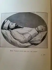 Gravure représentant le défunt allongé, de profil, en surplis, un chapelet autour des main jointes.